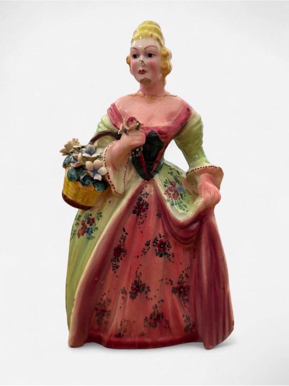 Vintage 1950s Italian Porcelain Victorian Lady Figurine- Pink & Green Floral - Picture 7 of 7